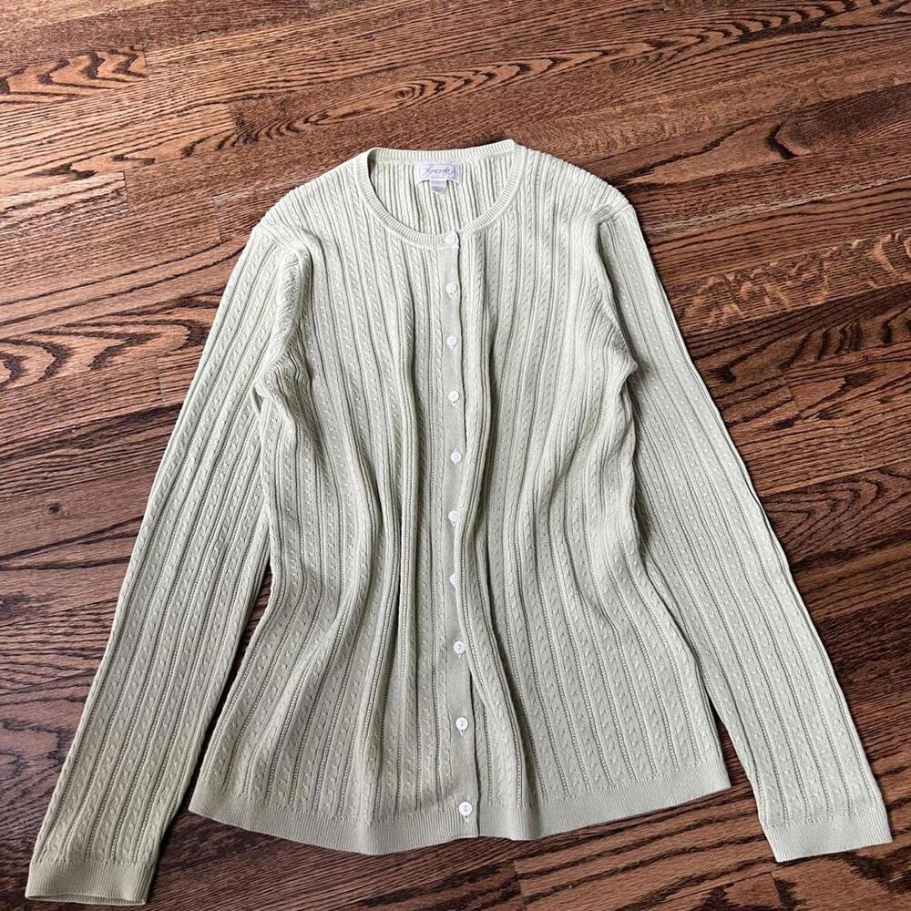 Green pastel pistachio cable knit Foxcroft vintage cardigan supima cotton
